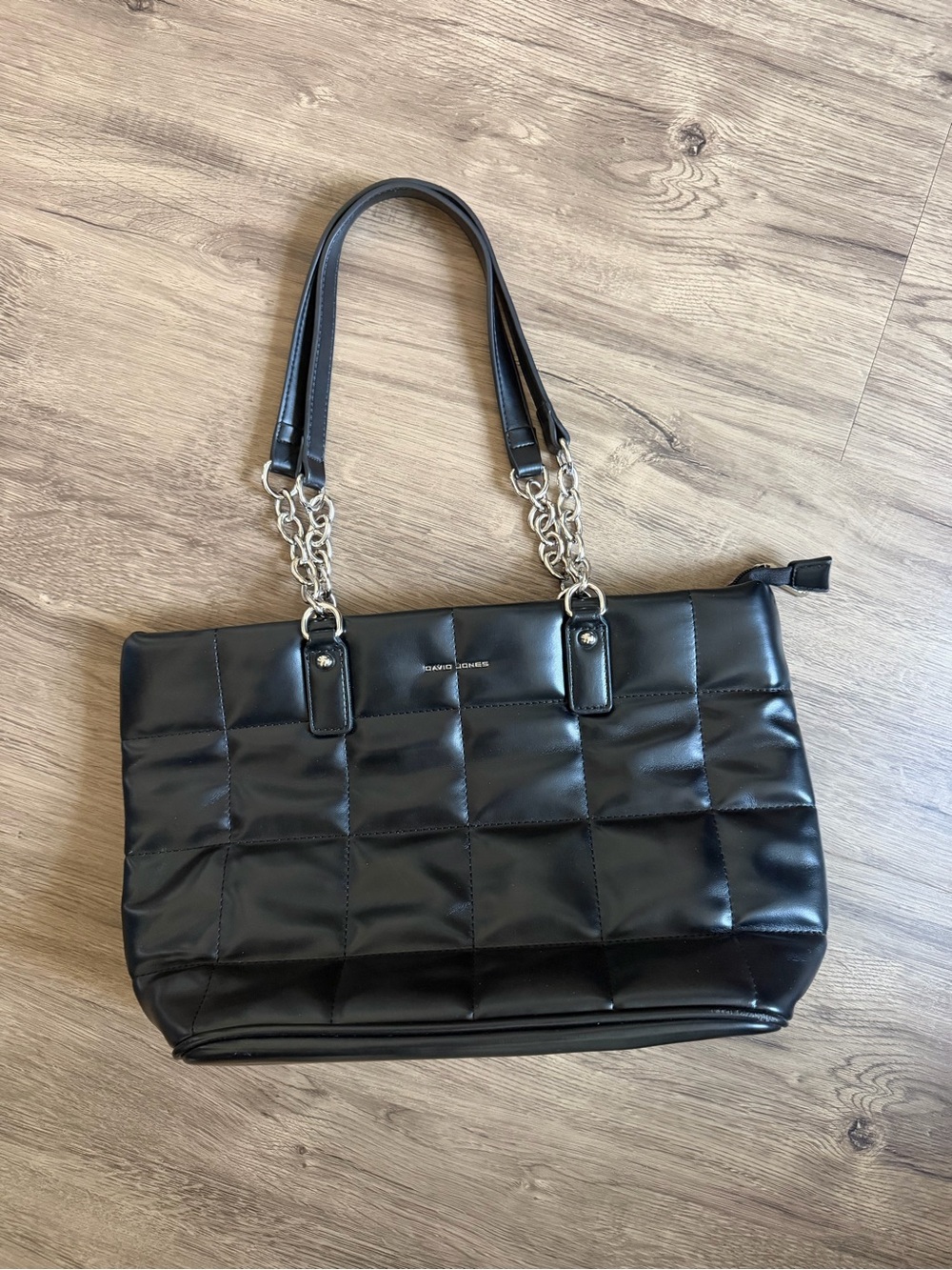 David Jones black quilted tote bag with silver accents